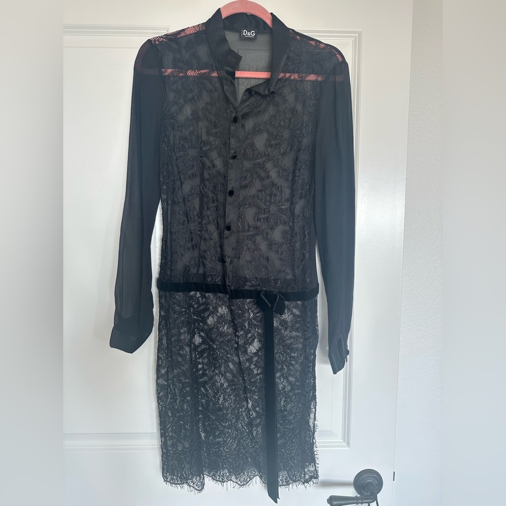 D&G Dolce&Gabbana black lace dress w/ silk camisole slip dress Italian size 42